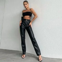 2023 New WomenHigh Waist PU Imitation Leather Straight Leg Leather Pants Loose Fashion Casual Pants Brown/Black
