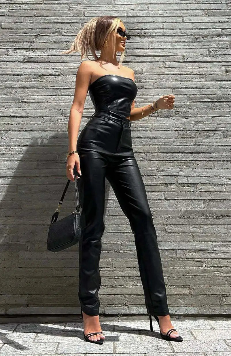 2023 New WomenHigh Waist PU Imitation Leather Straight Leg Leather Pants Loose Fashion Casual Pants Brown/Black