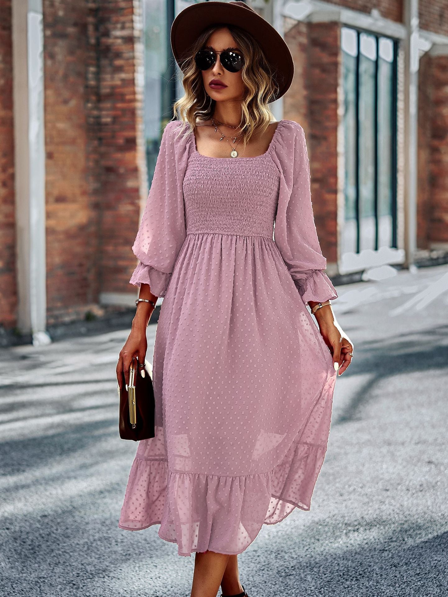 Chic Lace Lantern Sleeve Ruffles Square Collar Dress