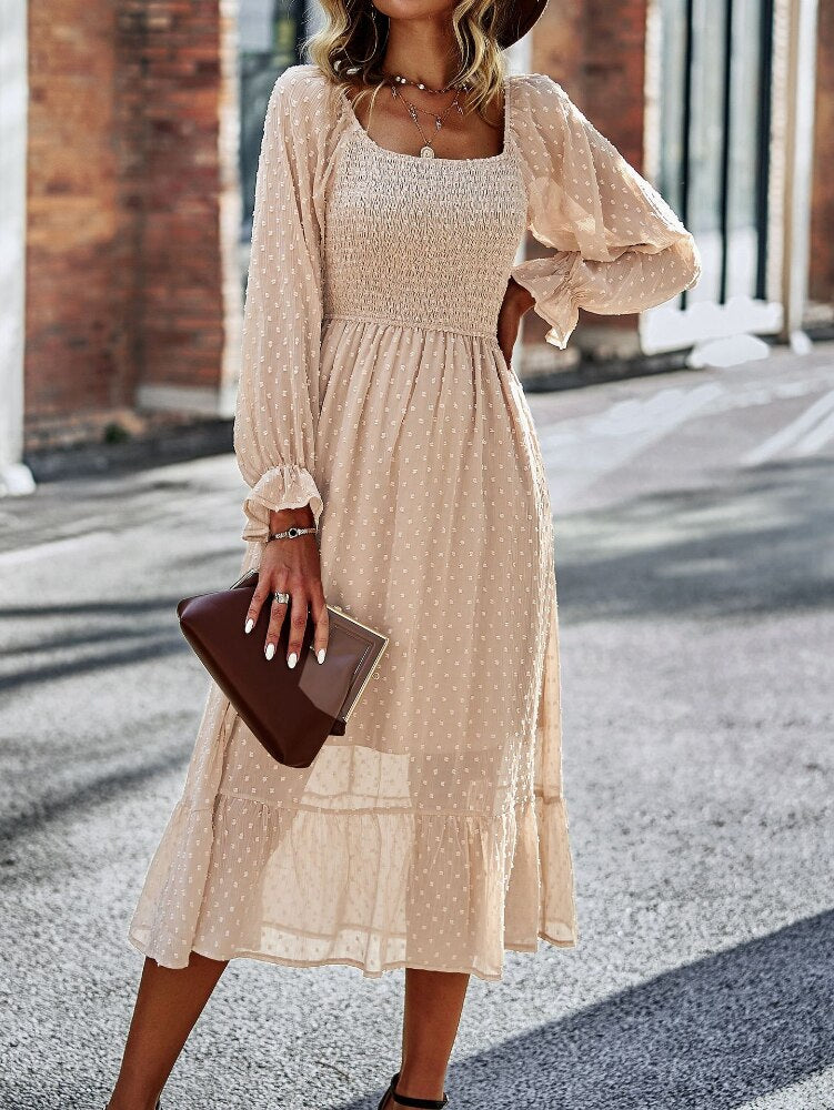 Chic Lace Lantern Sleeve Ruffles Square Collar Dress