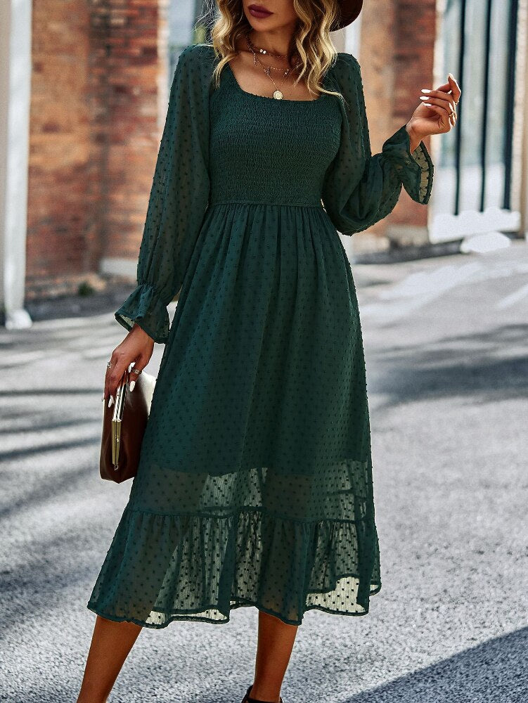 Chic Lace Lantern Sleeve Ruffles Square Collar Dress