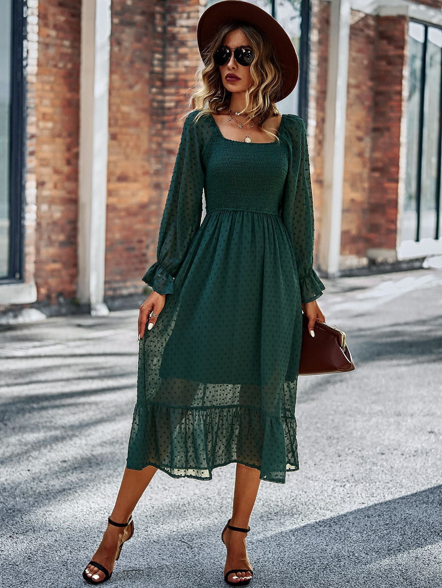 Chic Lace Lantern Sleeve Ruffles Square Collar Dress