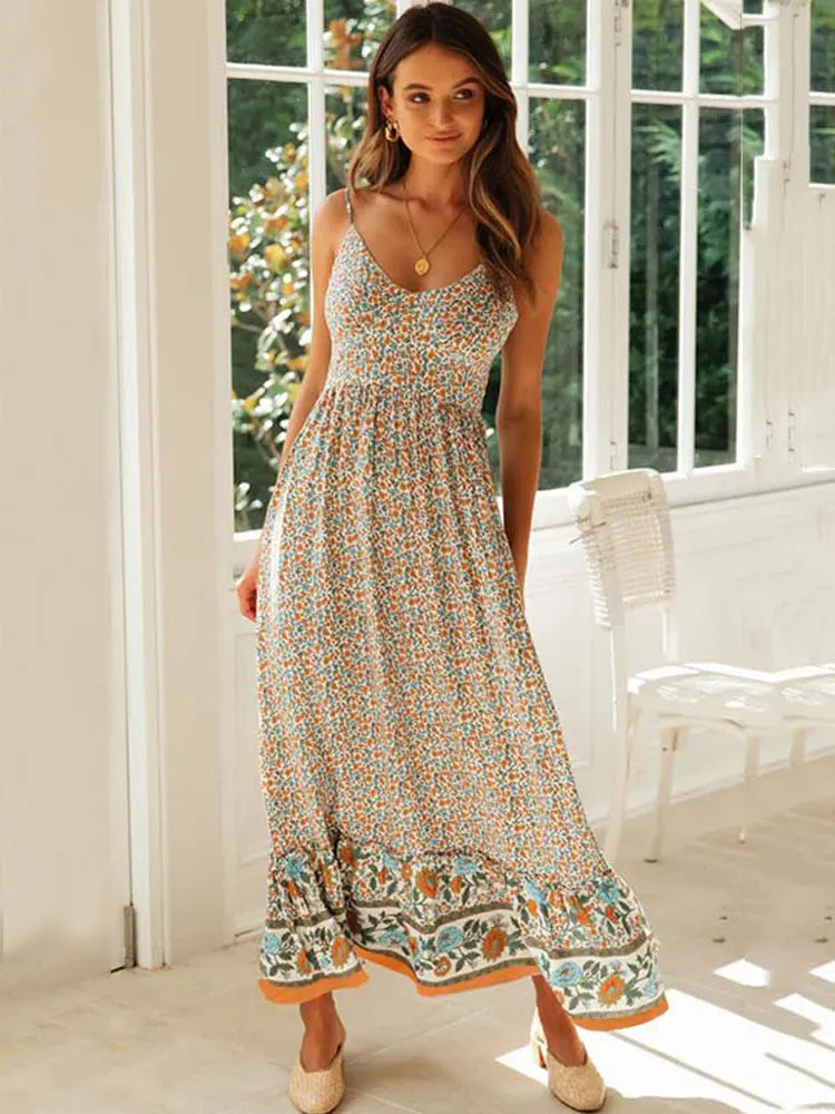 Floral Maxi Elegant Spaghetti Strap Boho Dress