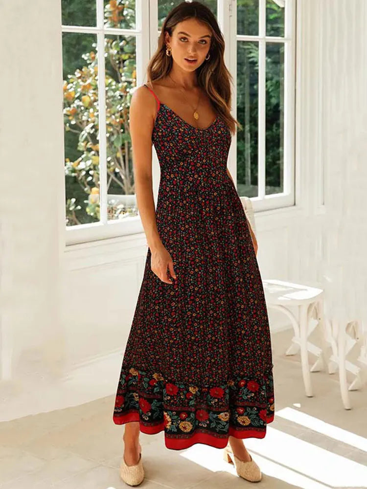 Floral Maxi Elegant Spaghetti Strap Boho Dress