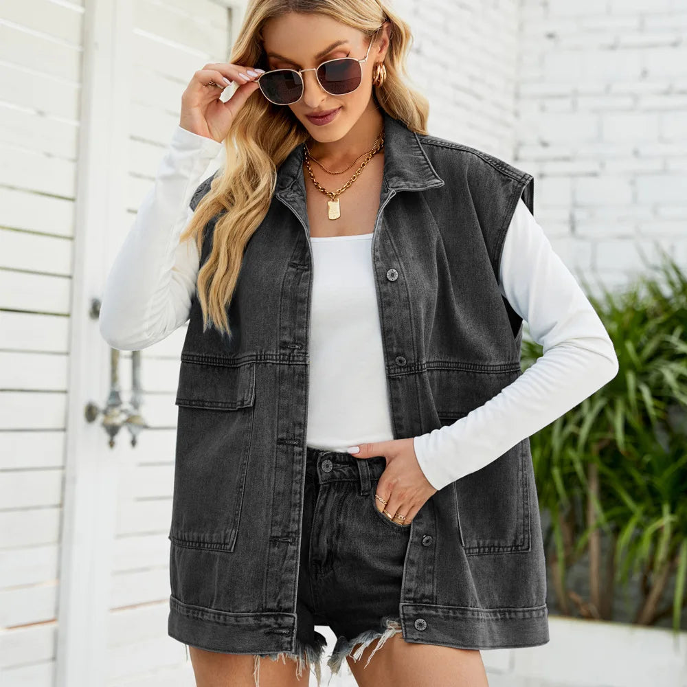 Summer Sleeveless Lapel Denim Vest Fashion Casual Jeans Jacket Street Trend Coat