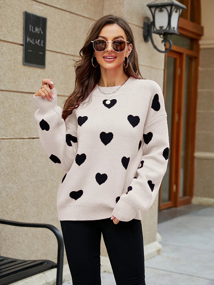 Winter New Love Pullover Round Neck Long Sleeve Knitted WomenLoose Casual Sweater