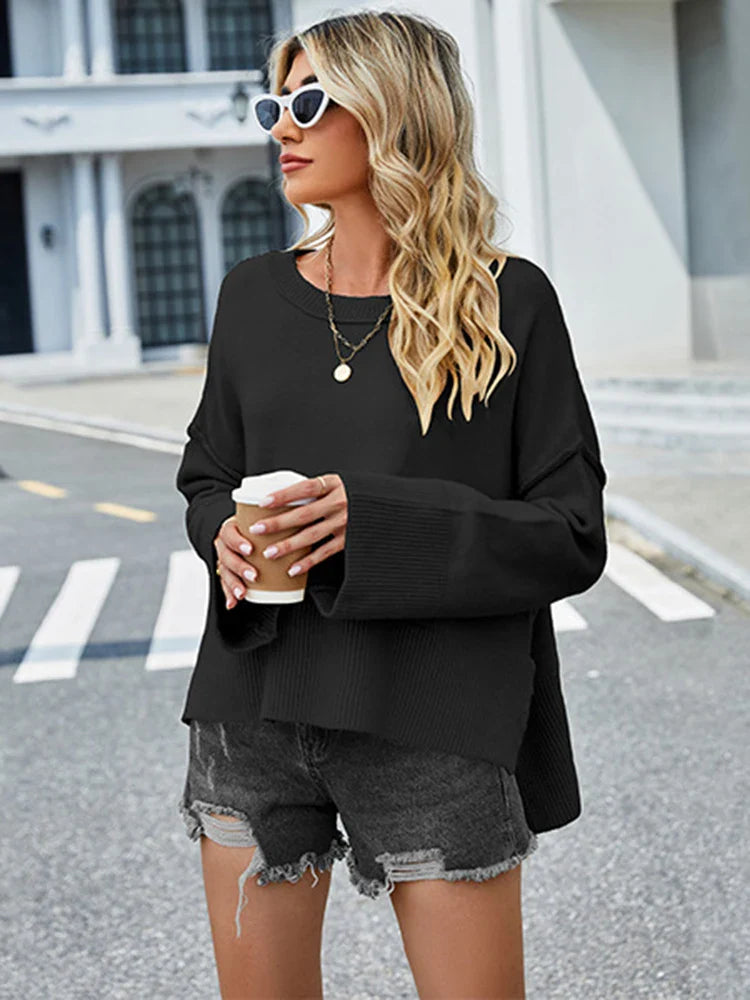 Winter New Round Neck WomenChristmas Bell Sleeve Solid Color Casual Pullover Sweater