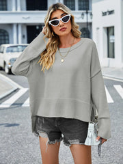 Winter New Round Neck WomenChristmas Bell Sleeve Solid Color Casual Pullover Sweater