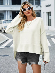 Winter New Round Neck WomenChristmas Bell Sleeve Solid Color Casual Pullover Sweater