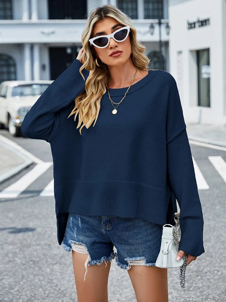 Winter New Round Neck WomenChristmas Bell Sleeve Solid Color Casual Pullover Sweater