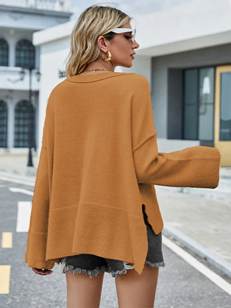 Winter New Round Neck WomenChristmas Bell Sleeve Solid Color Casual Pullover Sweater