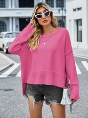 Winter New Round Neck WomenChristmas Bell Sleeve Solid Color Casual Pullover Sweater
