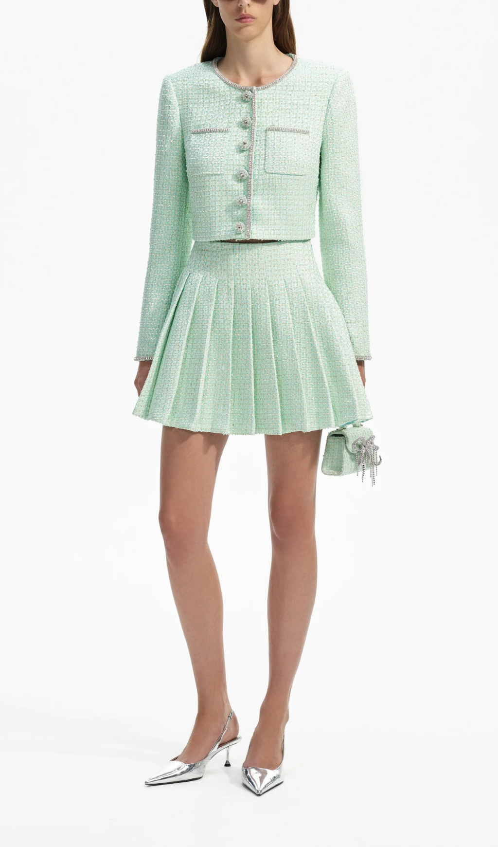 MINT BOUCLE PLEATED MINI SKIRT