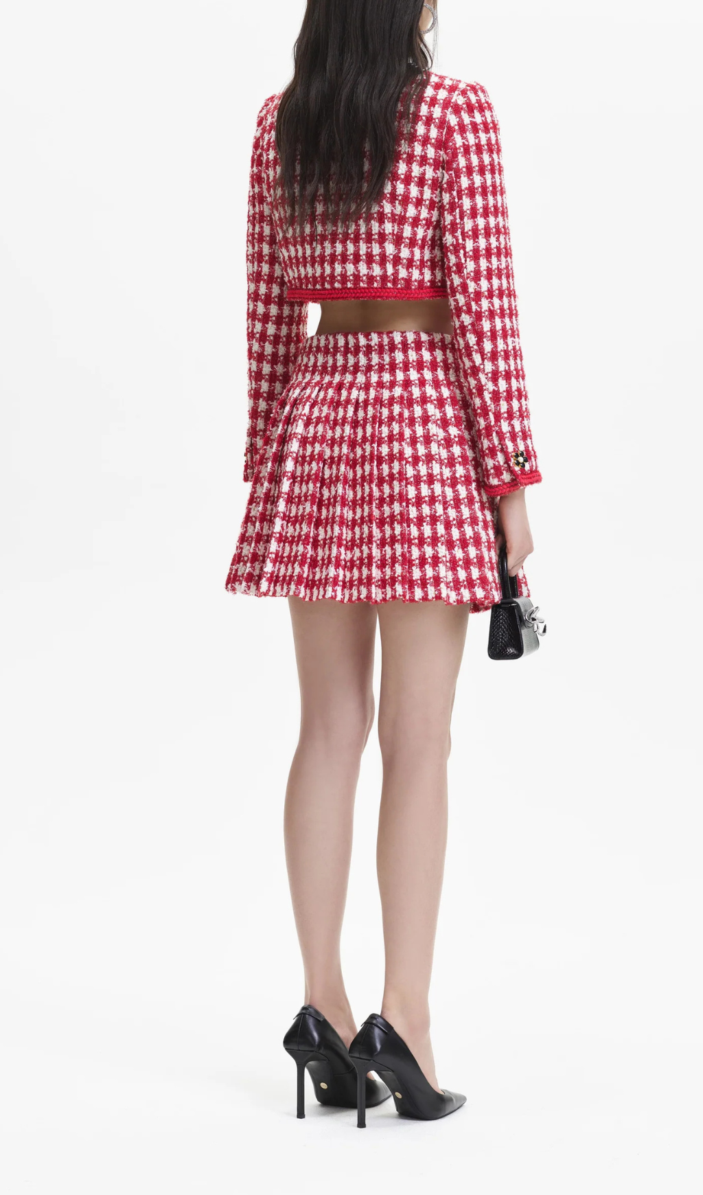 RED CHECK BOUCLE PLEATED MINI SKIRT