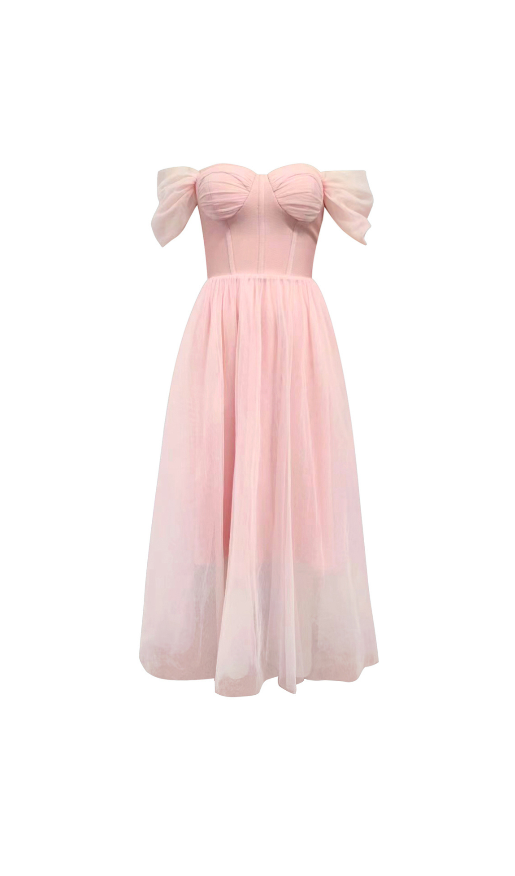 OFF SHOULDER CORSET A LINE MIDI DRESS IN PINK