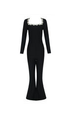 LONG SLEEVE CRYSTAL NECKLINE JUMPSUIT IN BLACK