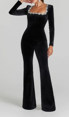 LONG SLEEVE CRYSTAL NECKLINE JUMPSUIT IN BLACK