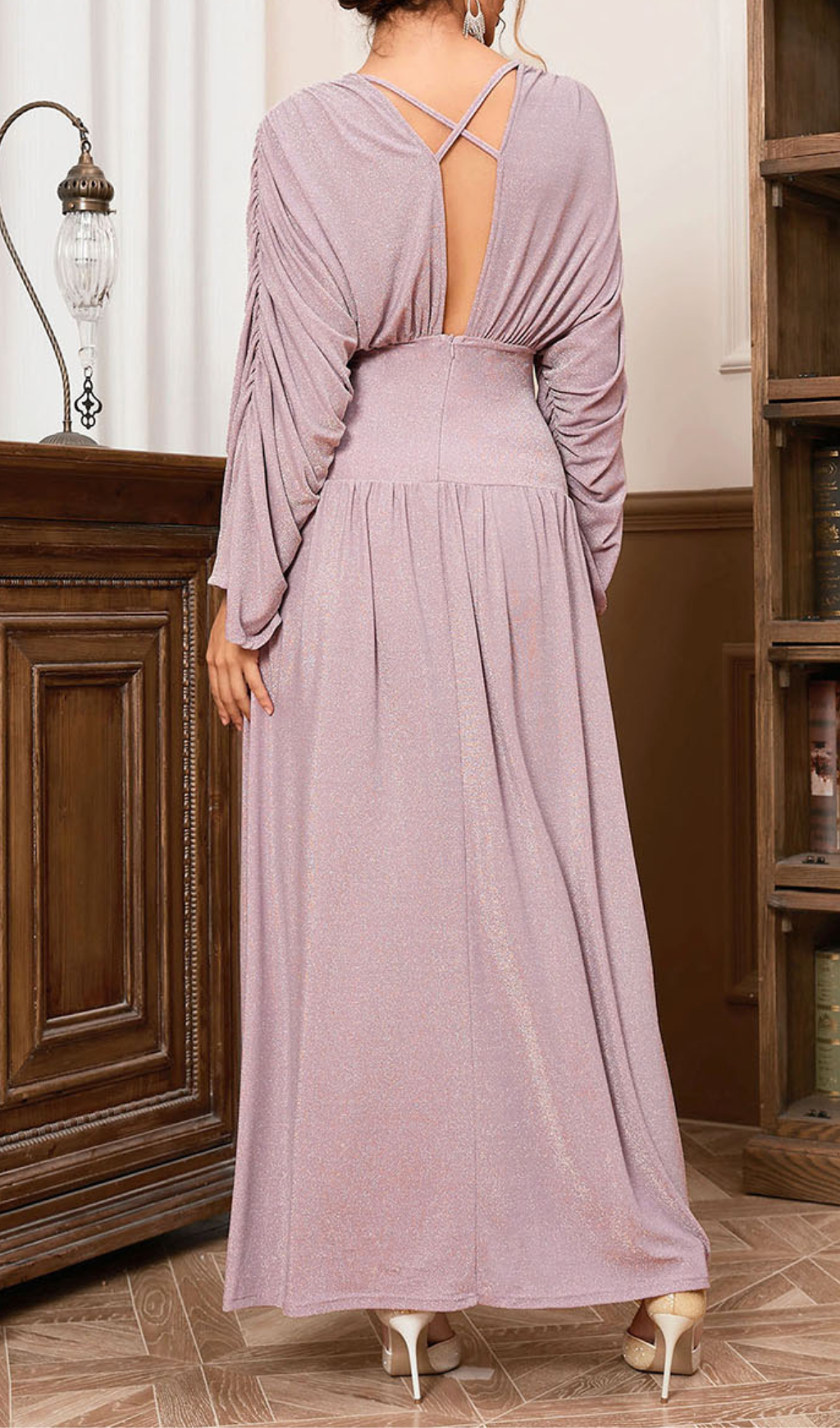 DEEP V-NECK LONG SLEEVE MAXI DRESS