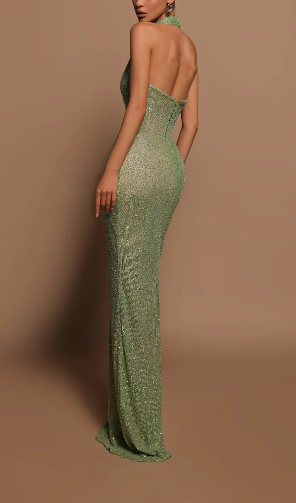 LIGHT GREEN HALTER SLEEVELESS MERMAID GOWN WITH SEQUINS