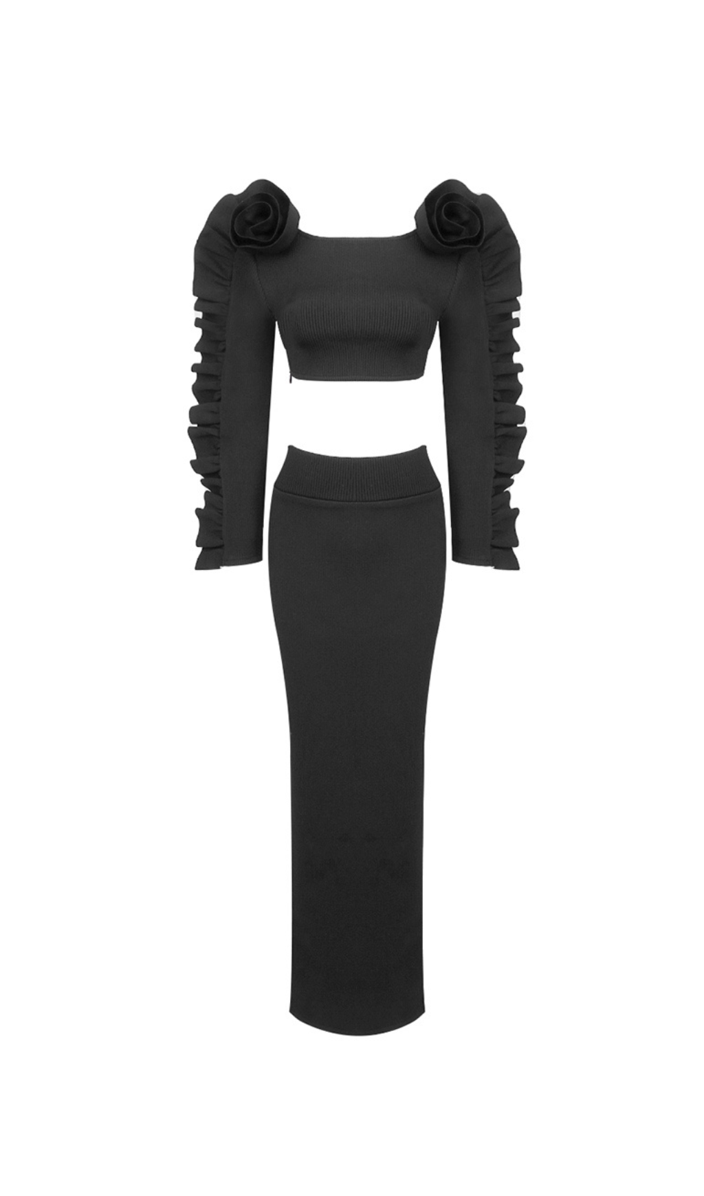 RUFFLE LONG SLEEVE RIBBED TWO PIECE MAXI DRESS BLACK