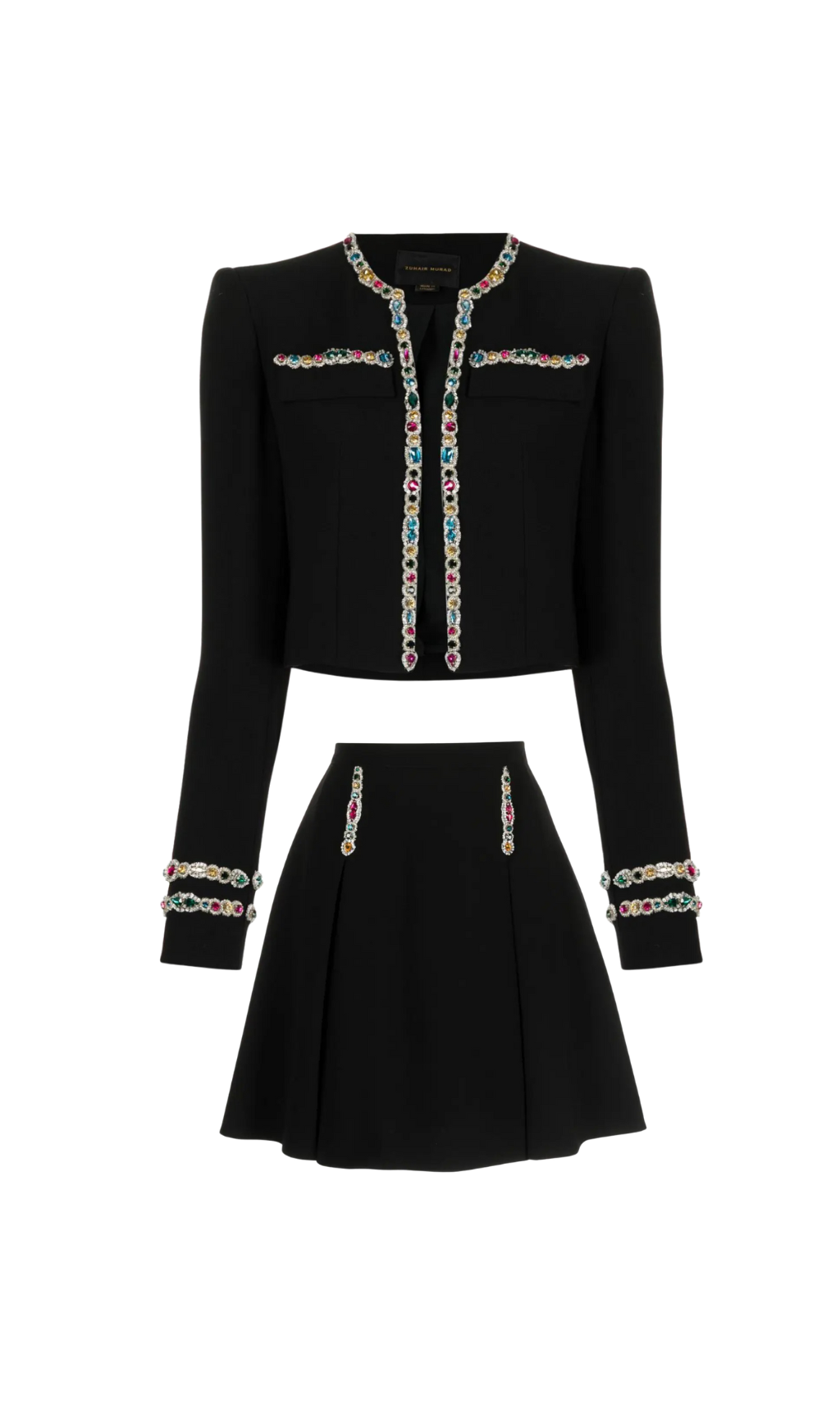 CRYSTAL-EMBELLISHED CADY CROPPED JACKET SKIRT SUIT