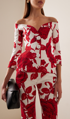 OFF-THE-SHOULDER ROSE-PRINT CREPE HOURGLASS JACKET SUIT