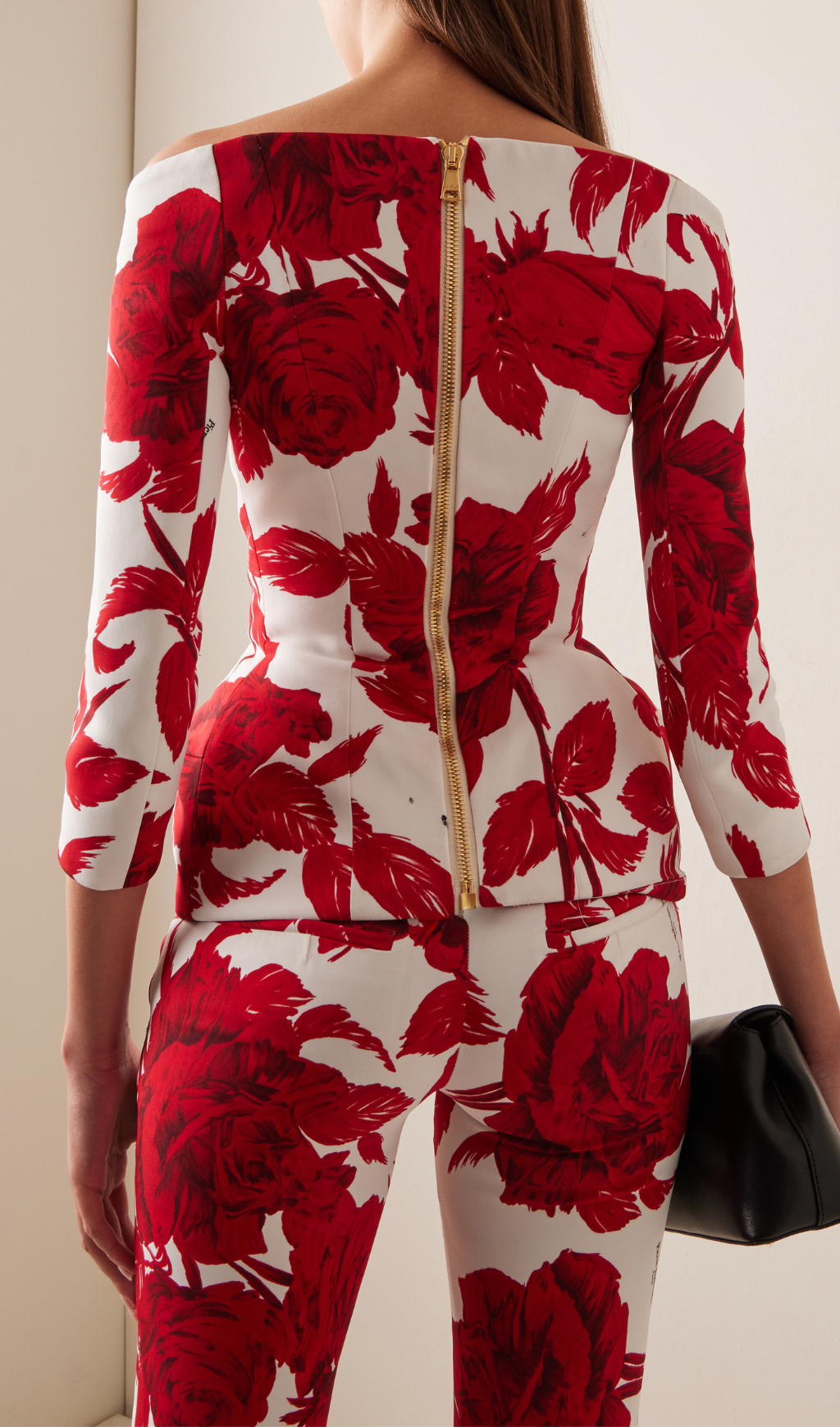 OFF-THE-SHOULDER ROSE-PRINT CREPE HOURGLASS JACKET SUIT