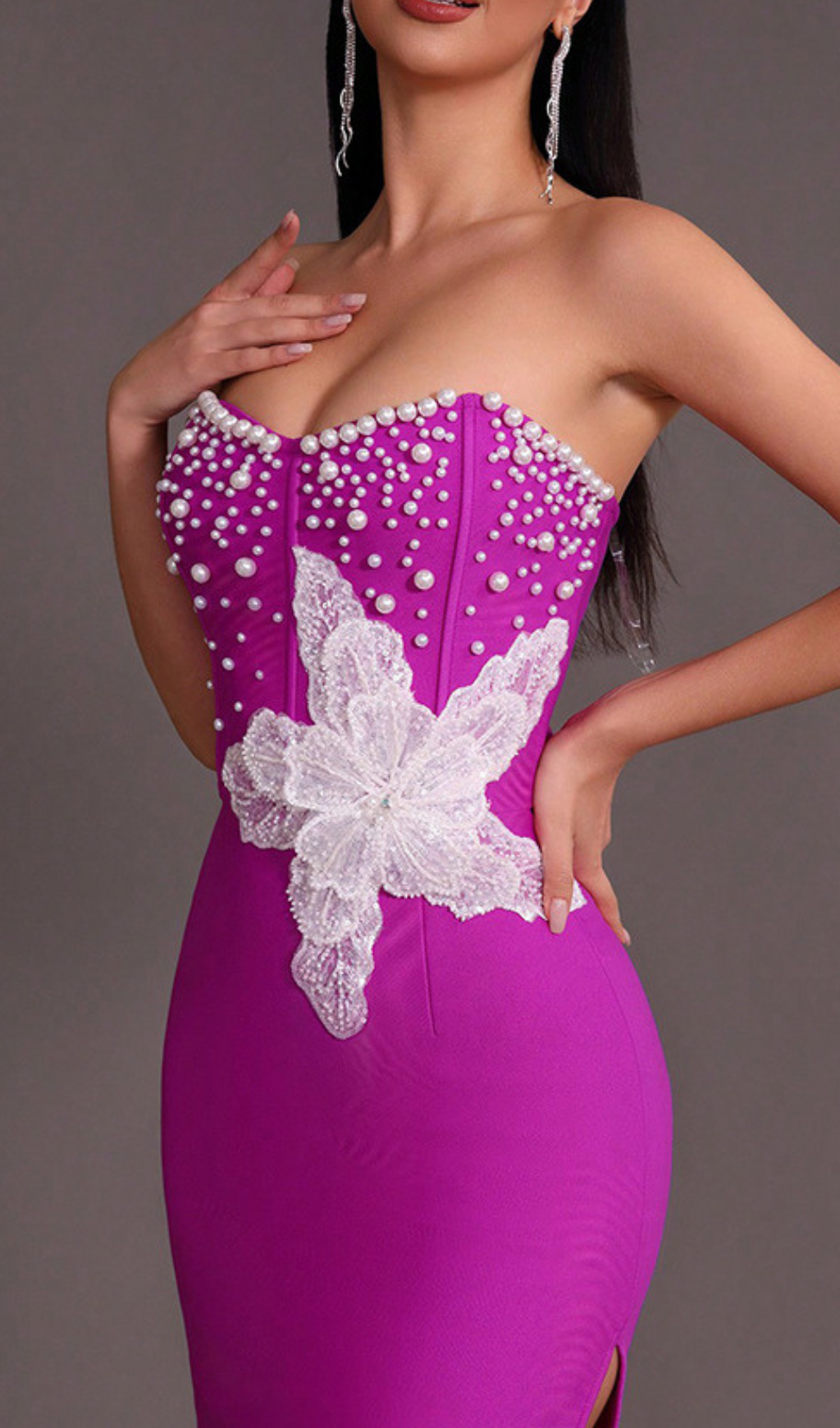 PURPLE BEADED STRAPLESS SIDE SLIT BANDAGE DRESS
