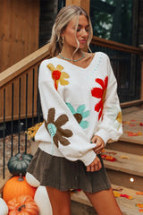 Autumn New V-neck Casual All-match Floral Print Warm Knitted Sweater