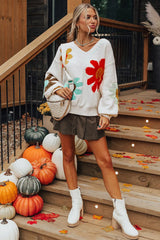 Autumn New V-neck Casual All-match Floral Print Warm Knitted Sweater