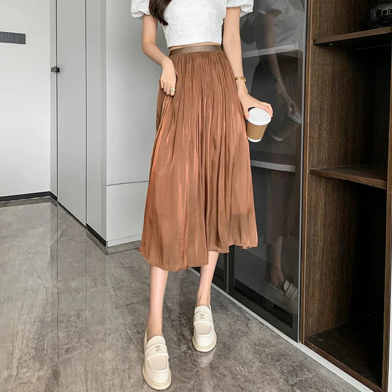 New Spring Summer Tulle Solid Color Elastic High Waist Pleated Ladies Temperament Skirt
