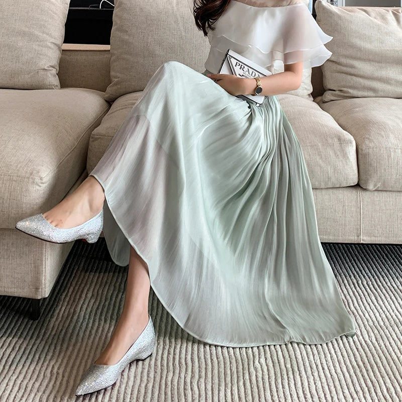 New Spring Summer Tulle Solid Color Elastic High Waist Pleated Ladies Temperament Skirt