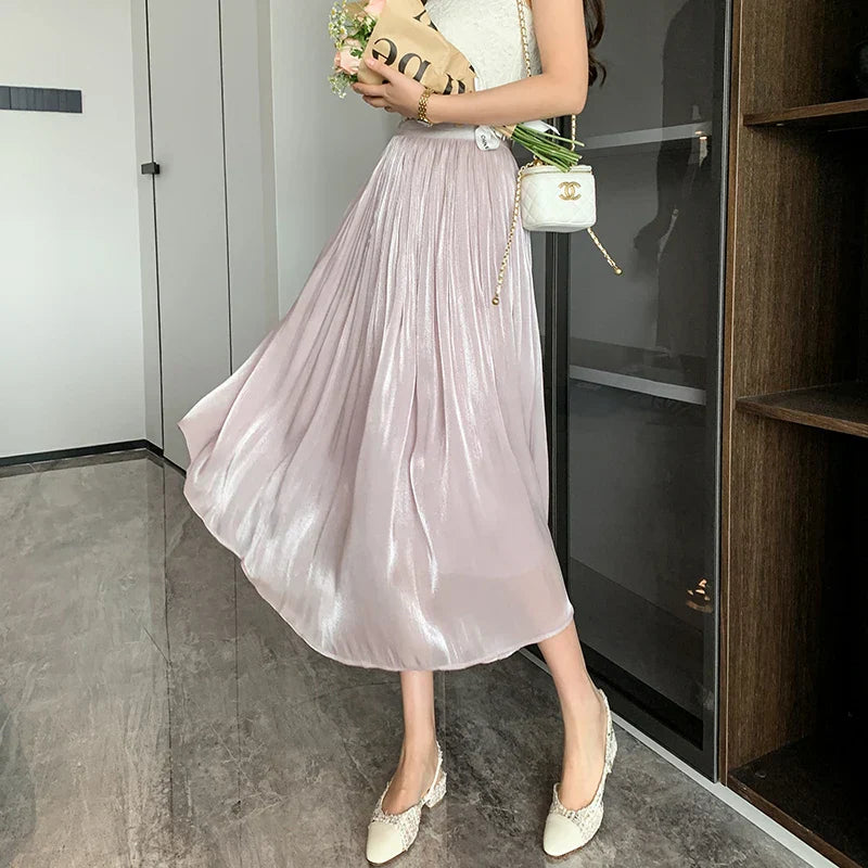 New Spring Summer Tulle Solid Color Elastic High Waist Pleated Ladies Temperament Skirt