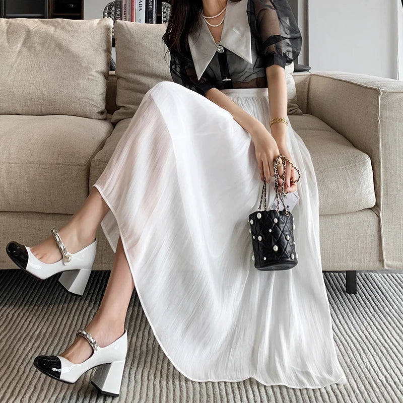 New Spring Summer Tulle Solid Color Elastic High Waist Pleated Ladies Temperament Skirt