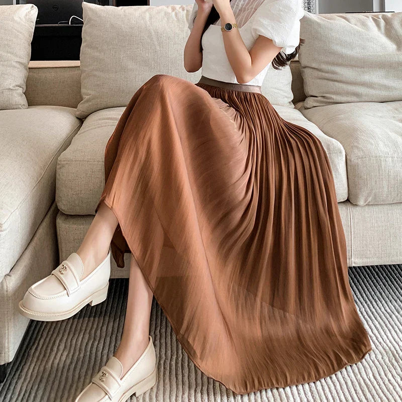 New Spring Summer Tulle Solid Color Elastic High Waist Pleated Ladies Temperament Skirt