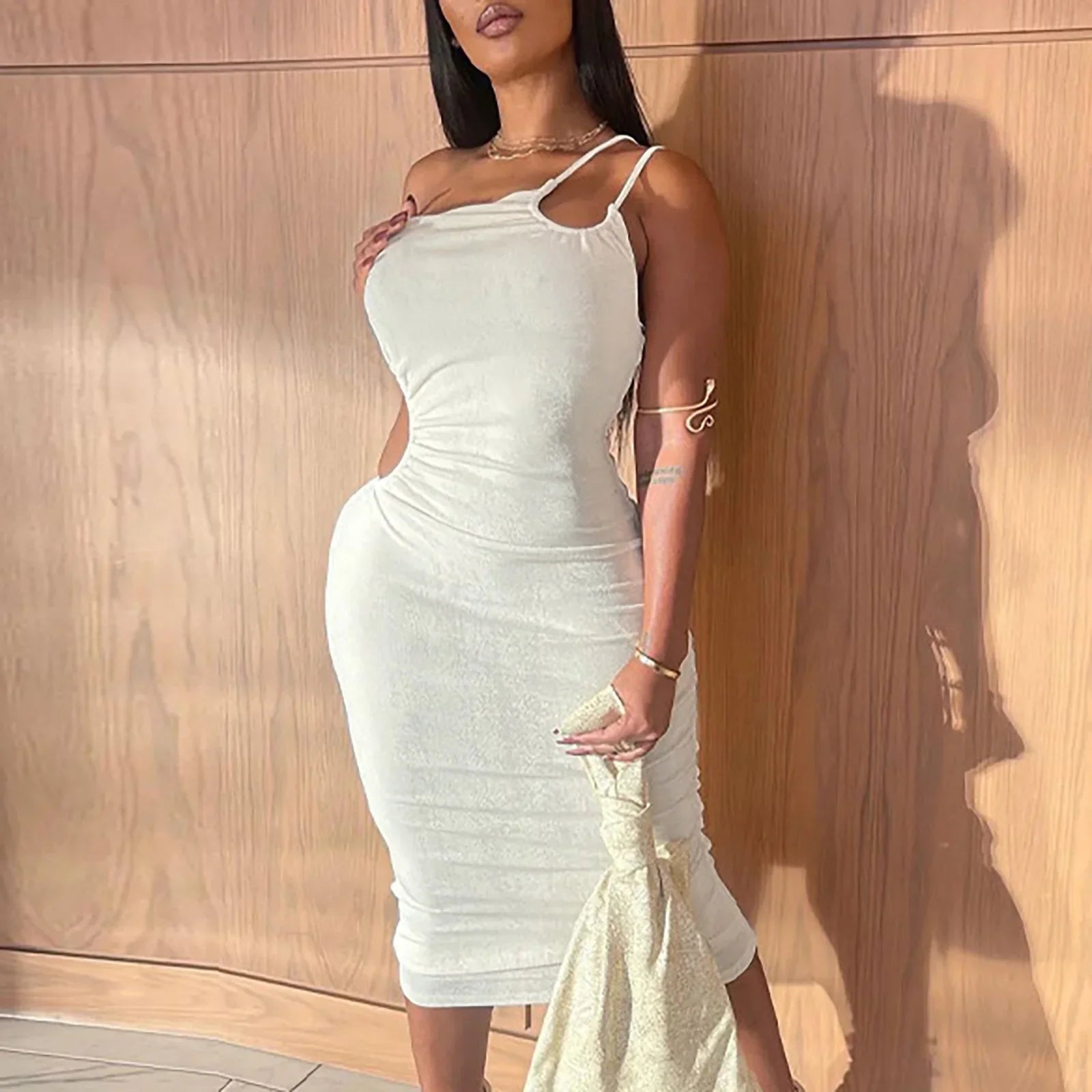 New Summer Autumn White Black Strap Bodycon Sexy Streetwear Party Club Elegant Fashion Clothes Midi Dress