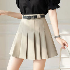 New Summer High Waist A-line Pleated Mini Korean Fashion Suit Gray Casual Short With Belt Skirt