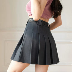 New Summer High Waist A-line Pleated Mini Korean Fashion Suit Gray Casual Short With Belt Skirt