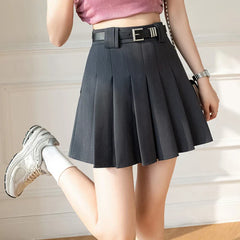 New Summer High Waist A-line Pleated Mini Korean Fashion Suit Gray Casual Short With Belt Skirt