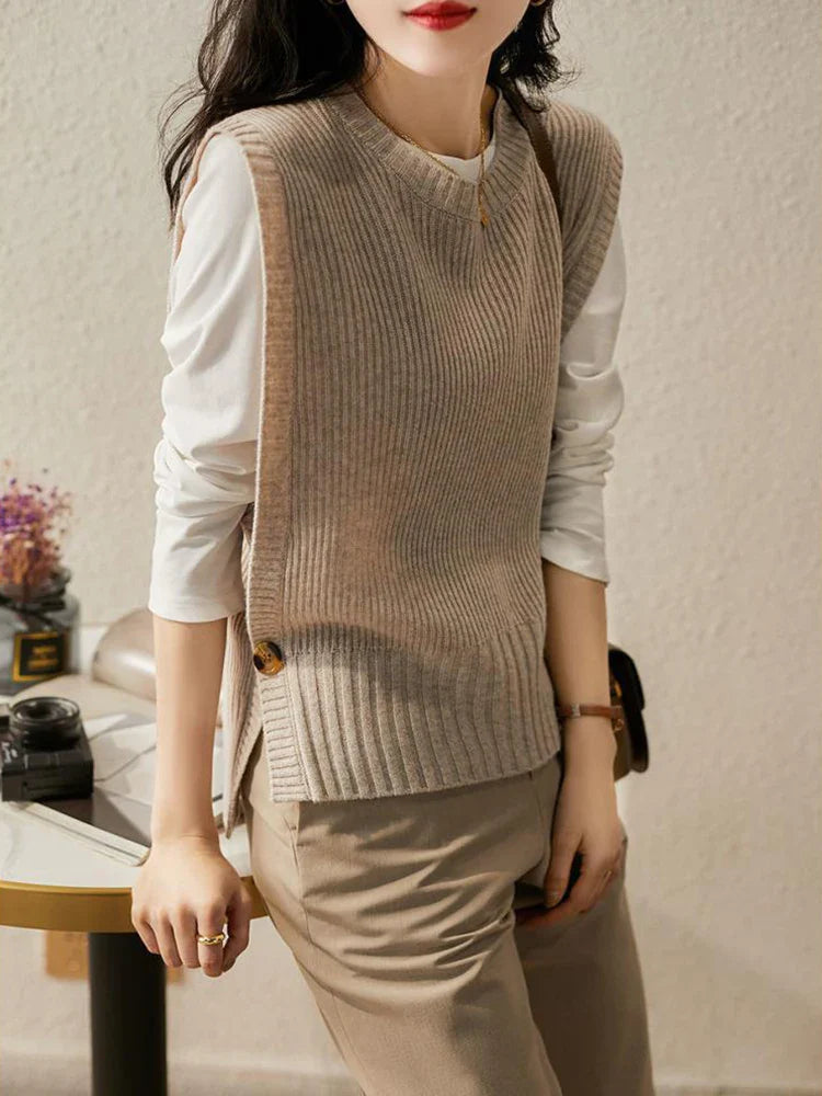 Spring And Autumn New Round Neck Solid Color Side Button Anti-Pilling WomenSlim Vest Sweater