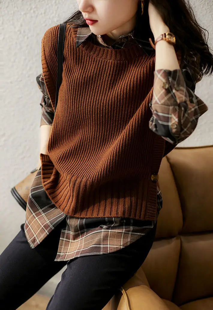 Spring And Autumn New Round Neck Solid Color Side Button Anti-Pilling WomenSlim Vest Sweater