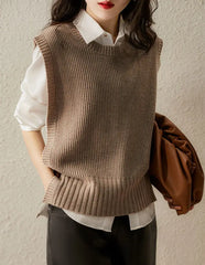 Spring And Autumn New Round Neck Solid Color Side Button Anti-Pilling WomenSlim Vest Sweater