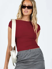 Summer Backless Moisture Absorption and Perspiration Comfortable Breathable Short Sleeve Nylon Slim WomenTop T-shirt