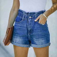 Summer WomenDenim Fashion Vintage Streetwear Stretch Elastic Waist New Crimping Shorts