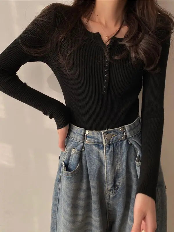 FashionSierra Basic Primer Button Chic Soft Slim Knitted Autumn Sweater