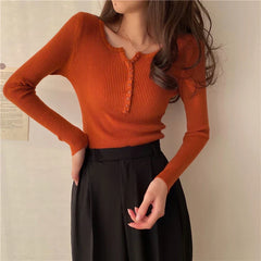 FashionSierra Basic Primer Button Chic Soft Slim Knitted Autumn Sweater