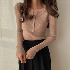 FashionSierra Basic Primer Button Chic Soft Slim Knitted Autumn Sweater