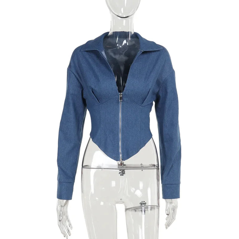 Stylish Deep V Eck Chic Zipper Corset Denim Jacket