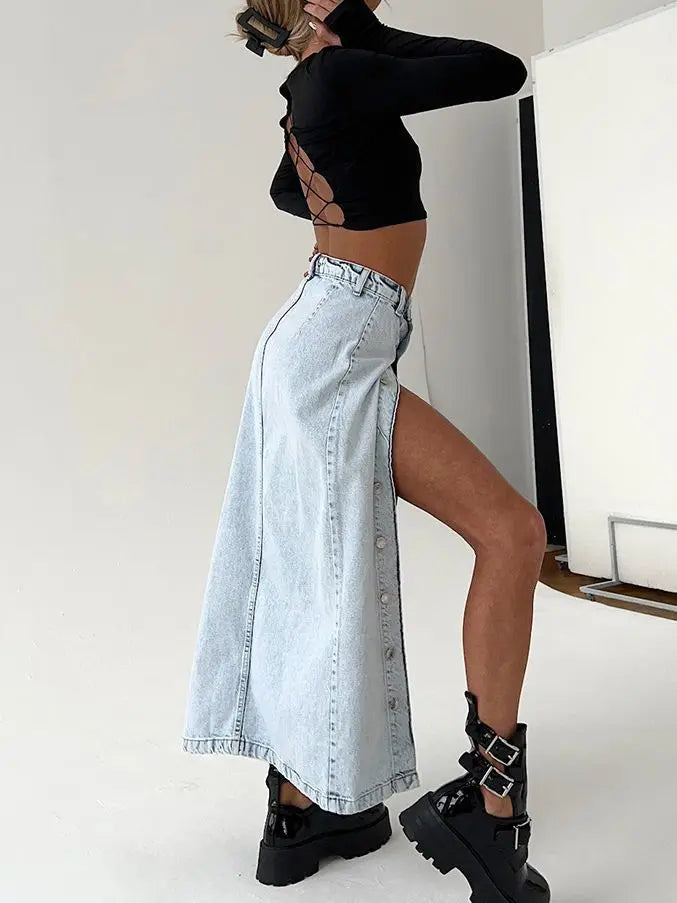 WomenDenim Side Split Button High Waist Midi Office Lady Jean Long Skirt