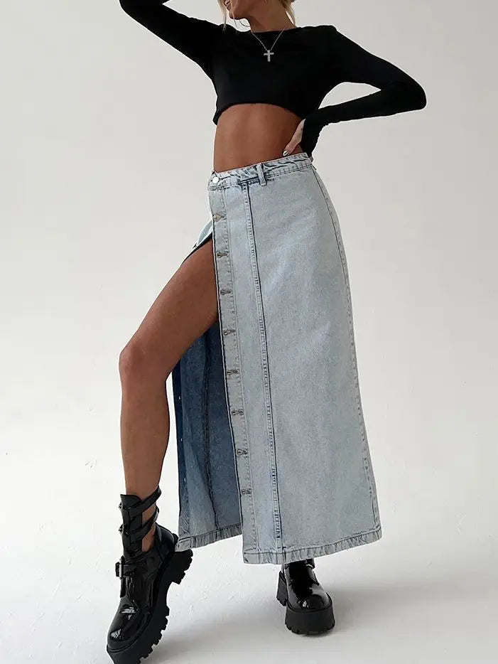 WomenDenim Side Split Button High Waist Midi Office Lady Jean Long Skirt